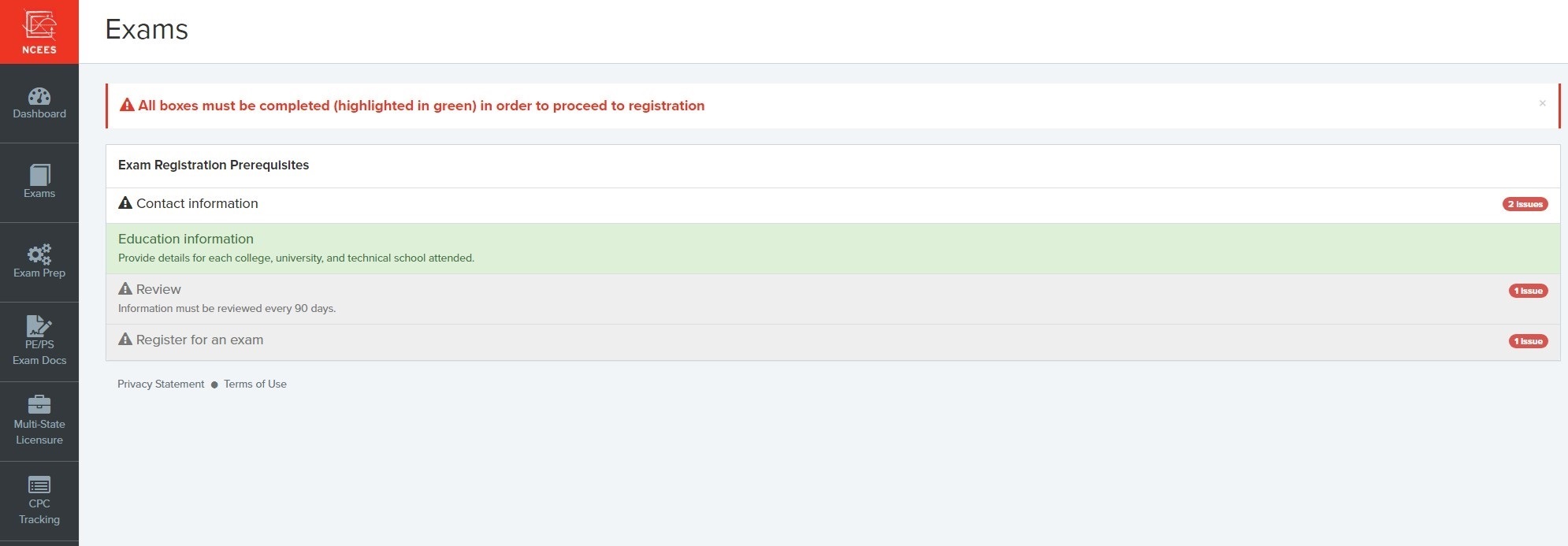 Exam Registration Prerequisites