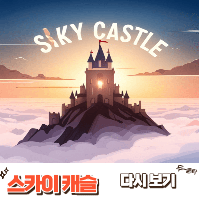 성 위에 Sky Castle 영어로 쓰여져 있는 모습