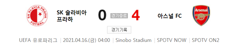  유로파리그 8강 2차전 / 2021년 4월 16일 경기 - 슬라비아 프라하(0) VS 아스널(4) 축구 하이라이트