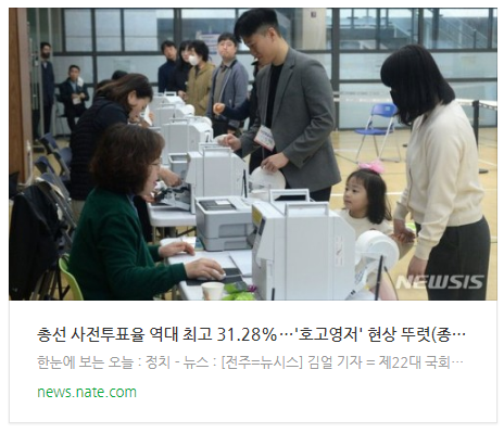  [뉴스] 총선 사전투표율 역대 최고 31.28%…'호고영저' 현상 뚜렷(종합)