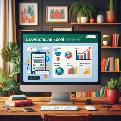 Excel Viewer 다운로드 화면으로, 여러 아이콘과 그래픽이 표시됨.