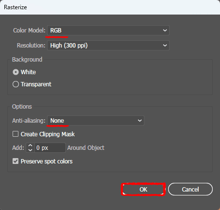 illustrator-rasterize-setting-color-model-RGB-and-anti-aliasing-none