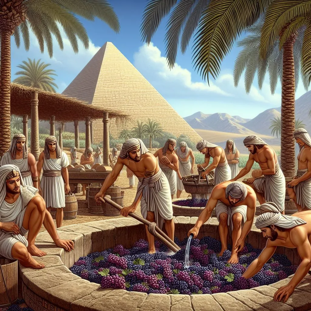 고대 이집트에서 와인을 양저하는 모습을 상상한 그림