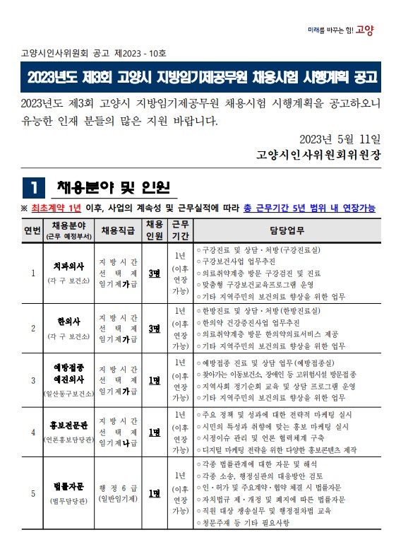 경기도 고양시 고양시청 임기제 공무원 채용