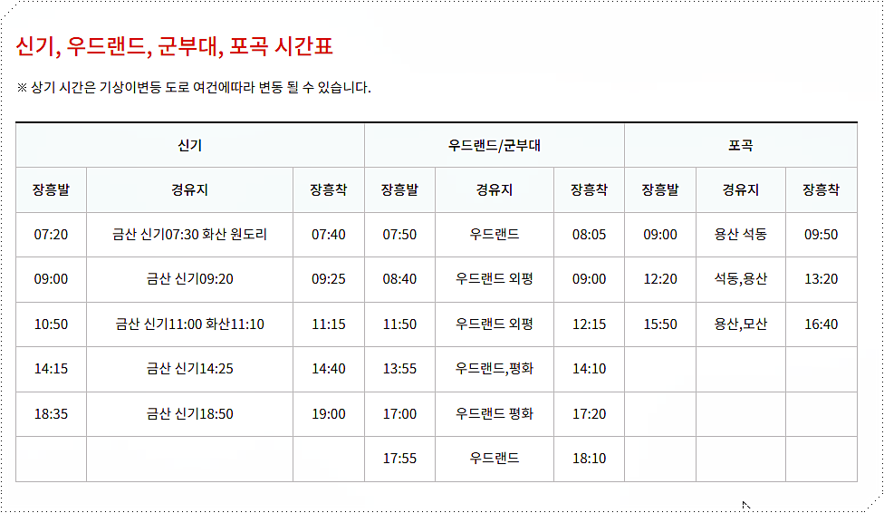 신기&#44; 우드랜드&#44; 군부대&#44; 포곡 시내버스 시간표