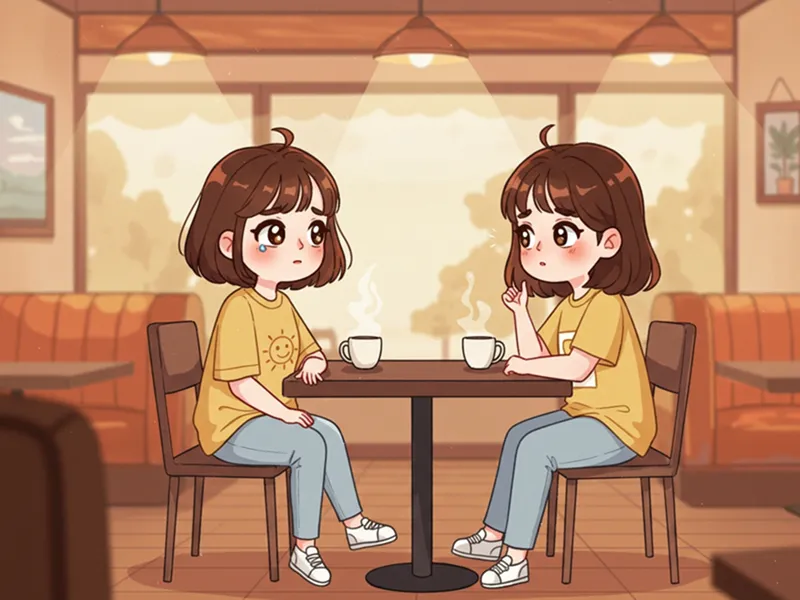 카페에서 심각한 대화를 나누는 두 소녀, 한 소녀의 말에 다른 소녀가 놀란 표정을 짓고 있다.