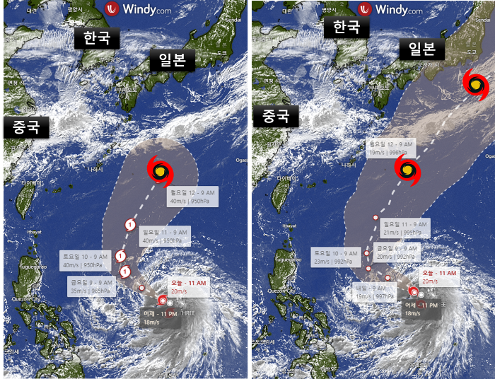 2023년-6월7일-기준-3호태풍-구촐-예상경로-왼쪽-일본기상청-오른쪽-영국기상청