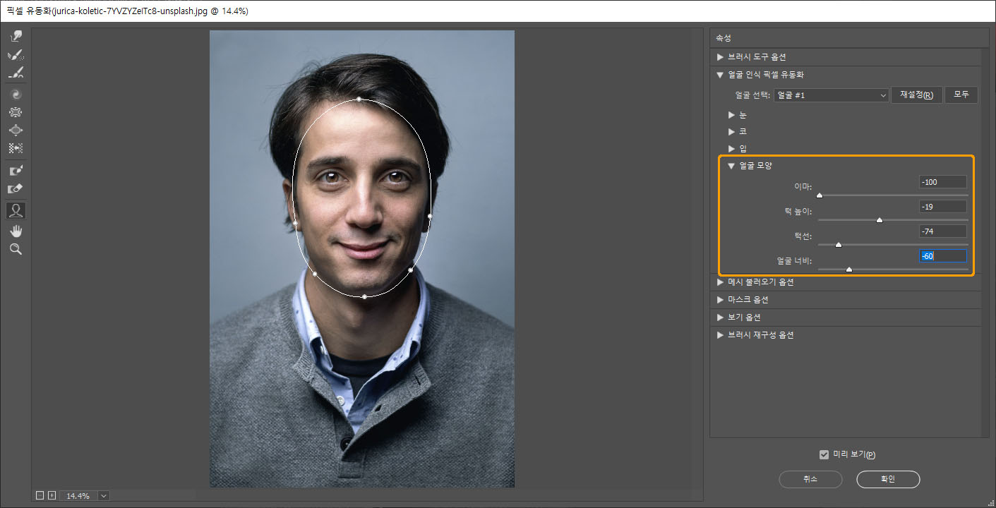 얼굴 모양 조절 항목