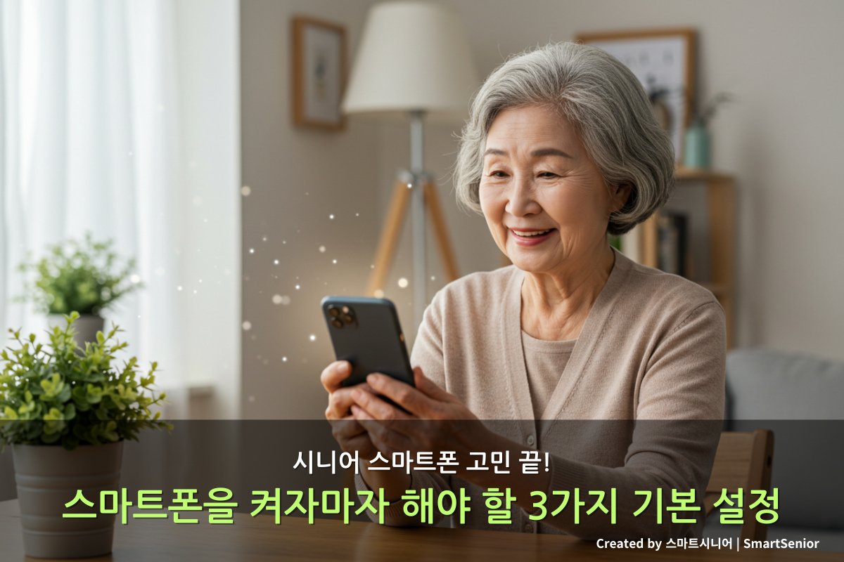스마트폰 사용법을 배우는 60대 한국인 시니어 여성의 따뜻한 학습 장면 - 시니어 스마트폰 사용 가이드