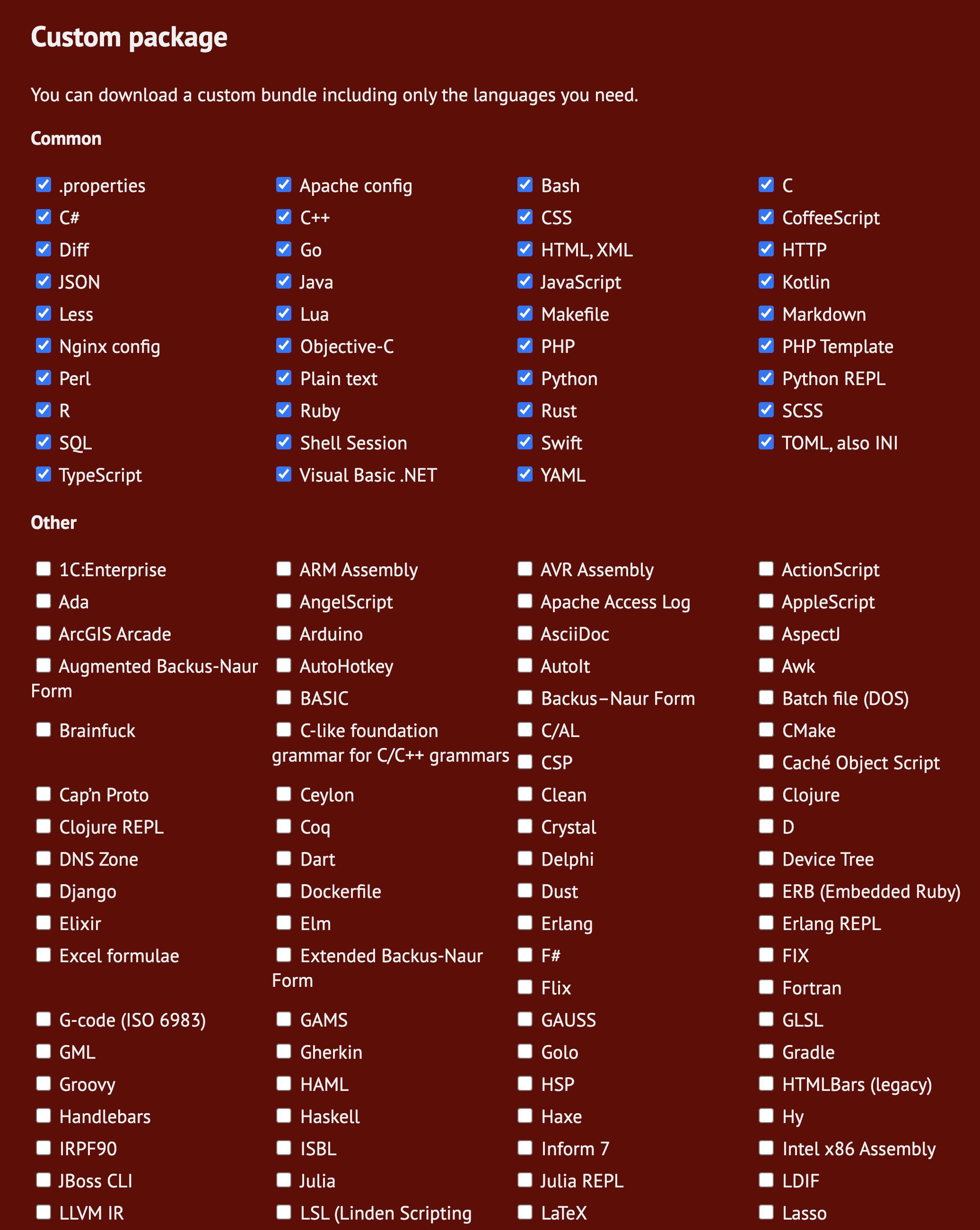 highlight.js custom package