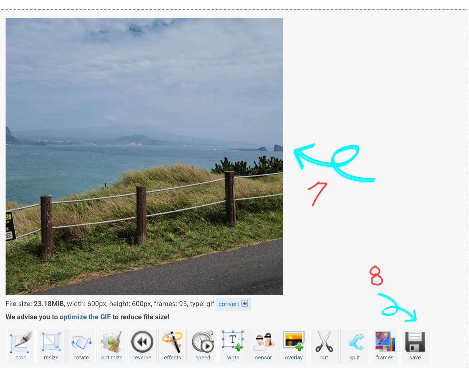 설정된대로 GIF가 만들어진 후 SAVE를 클릭하여 저장한다.