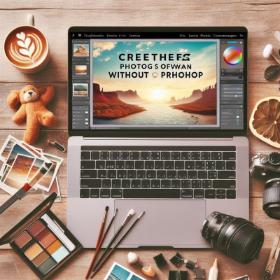 다양한 색상의 그림 도구와 함께 사진 편집 작업을 하는 모습