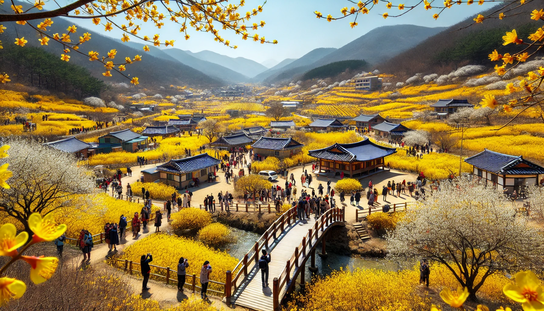노을빛 아래 산수유꽃으로 물든 전통 한옥마을과 봄 축제 인파의 따뜻한 풍경
