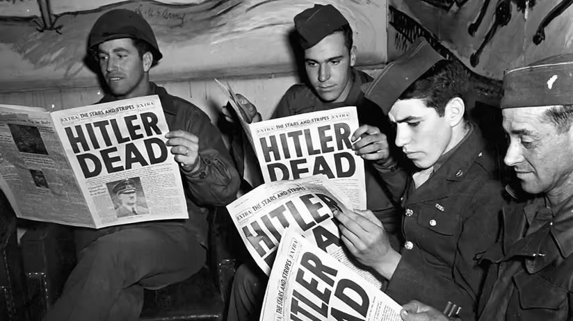 히틀러의 사망 기사를 읽고 있는 미군