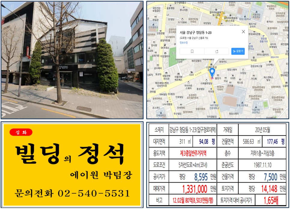  [강남구 학동사거리 도산대로 이면 실거래가 조회] 청담동 1-23 (압구정로데오역) 133.1억 원, 평당 14,148만 원, 도산대로이면 학동사거리 대로변 코너 빌딩