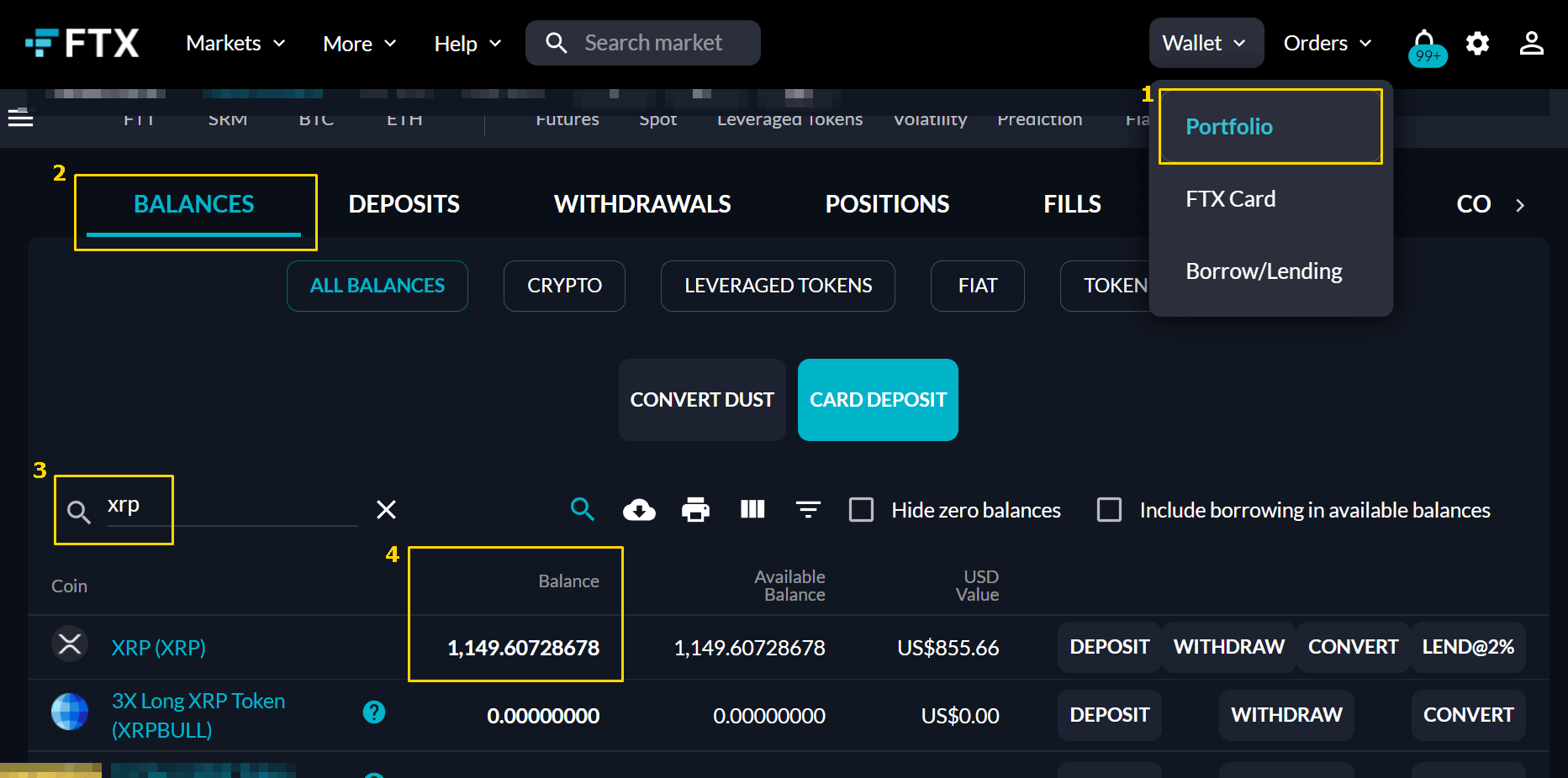 FTX Wallet &rarr; Portfolio &rarr; Balances &rarr; xrp 검색 후 입금된 리플의 잔고를 확인하는중