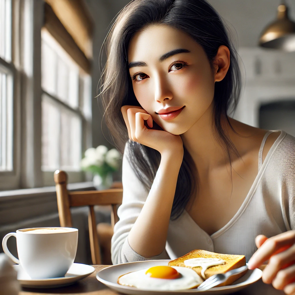 아침-식사로-달걀과-토스트를-먹고있는-여자