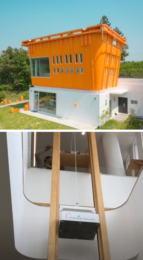 위쪽부터-오렌지색-컨테이너-모양의-건축,-사장님이-직접-도르래로-커피를-1층으로-내리고-있다