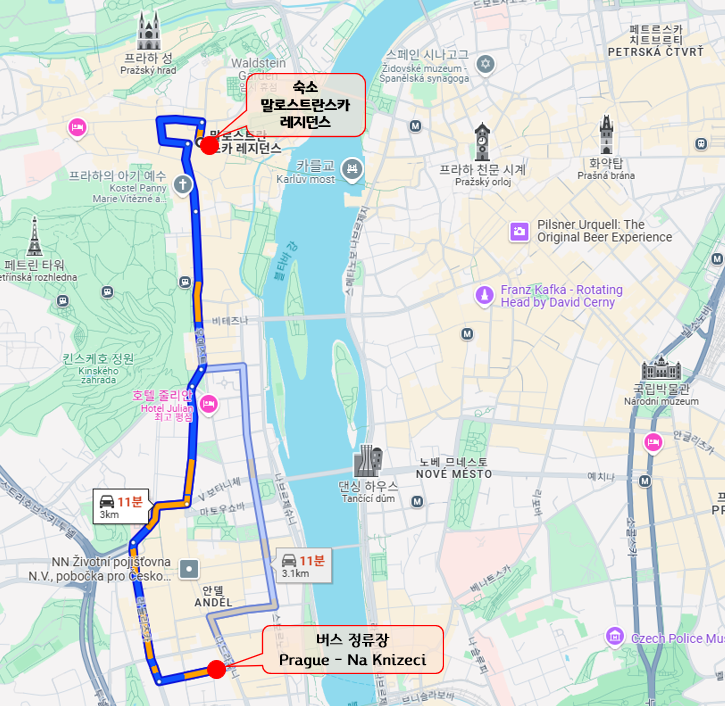 말로스트란스카 레지던스(숙소)에서 Prague - Na Knizeci 버스 정류장까지 경로
