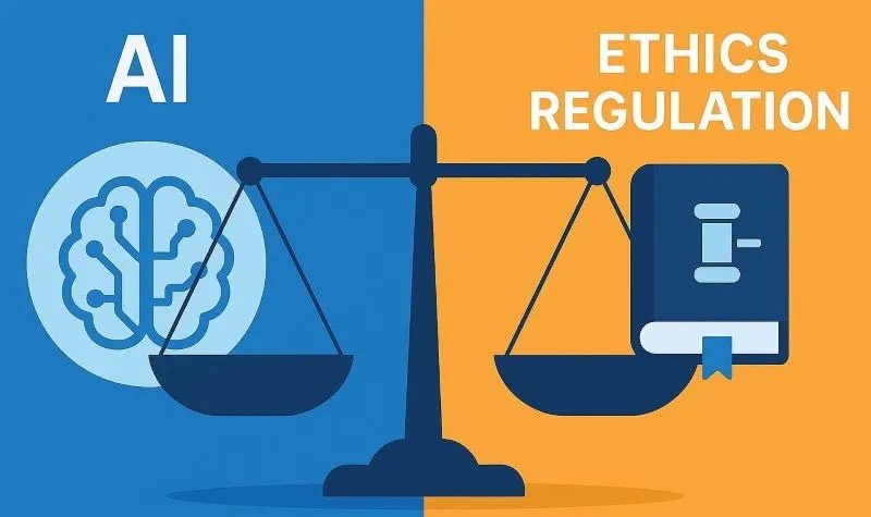 AI 기술 발전과 윤리적 규제라는 두 저울이 균형을 이루고 있는 인포그래픽.