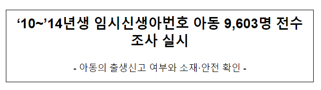  ’10~’14년생 임시신생아번호 아동 9,603명 전수조사 실시