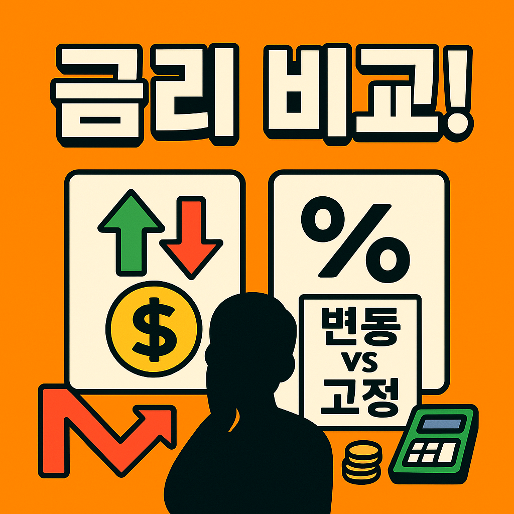 고대비 텍스트 ‘금리 비교!’와 상승·하락 화살표, 금전 아이콘이 돋보이는 2D 일러스트 썸네일 이미지