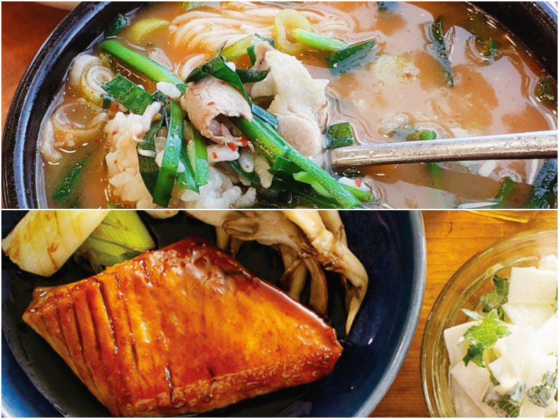 비법 조미료가 들어간 돼지국밥 음식과 간장에 조린 생선 요리 사진 입니다.