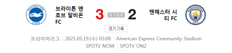  프리미어리그 / 2021년 5월 19일 경기 - 브라이튼(3) VS 맨체스터 시티(2) 축구 하이라이트