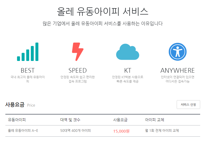 올레 유동아이피 서비스