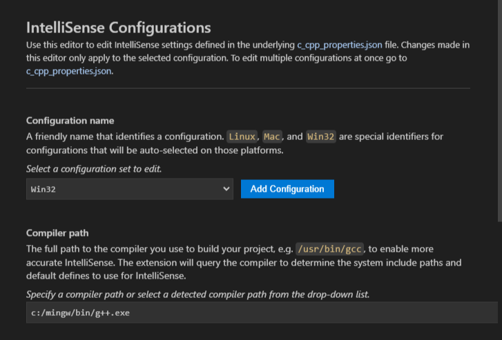 C/C++ Edit Configuraions (UI)
