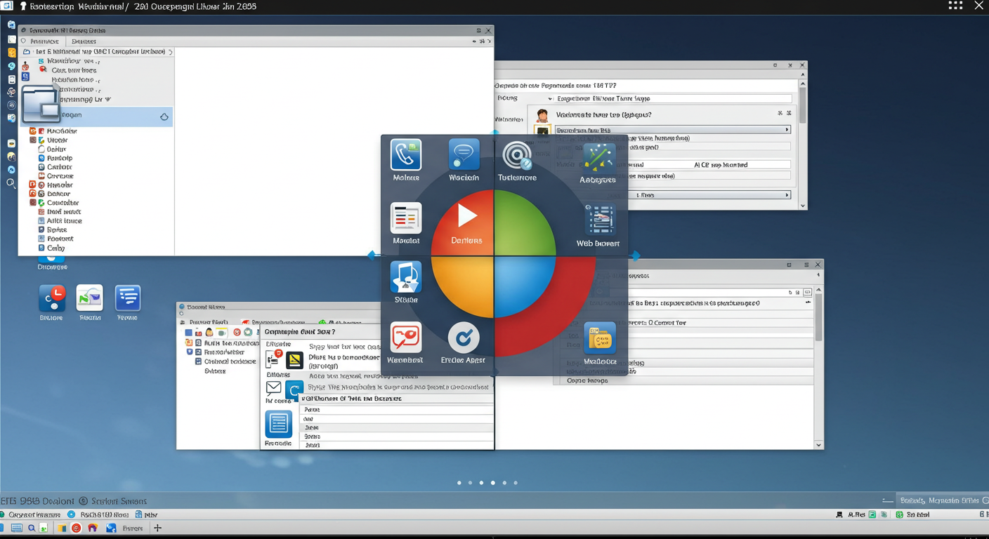 (Image Prompt: Illustration showing a screen divided into four quadrants using Windows Snap feature, each quadrant displaying a different application window (e.g., Word, Excel, Web Browser, Email client). Clearly demonstrates multi-window layout. Style: Clean graphic illustration.)