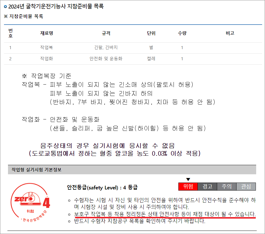 굴착기운전기능사 실기 준비물 복장