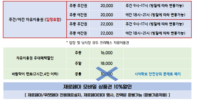 자라섬 씽씽 축제 이용요금( 출처: 홈페이지)