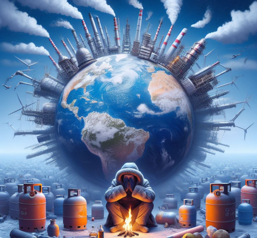 유럽-EU-역대최고치-가스저장재고량-추운-겨울-에너지위기-둥근-지구-굴뚝공장-가스통-모으기-모닥불-앞에-남자