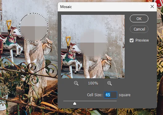 어도비 포토샵 CC에서 모자이크 설정 시 셀 사이즈 설정하는 모습