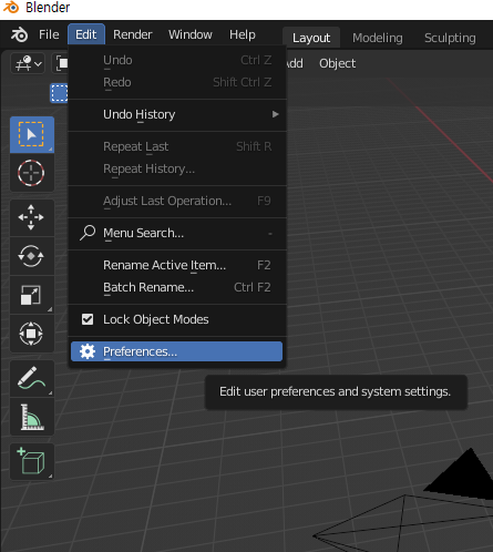 블렌더 상단 Edit 메뉴에 있는 Preference 선택하기