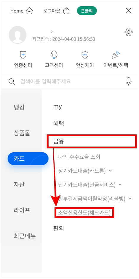 카드 메뉴 중 금융을 선택하고&#44; 소액신용한도(체크카드)를 선택