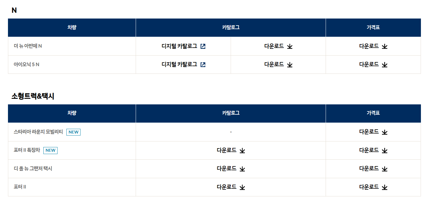 현대자동차 2024년 차량별 카탈로그 가격표 다운로드