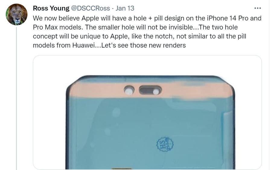 Ross Young의 트위터, 아이폰 14 디스플레이 부품 사진