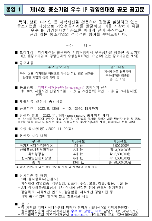  2022년 제14회 중소기업 우수 IP 경영인대회 공모