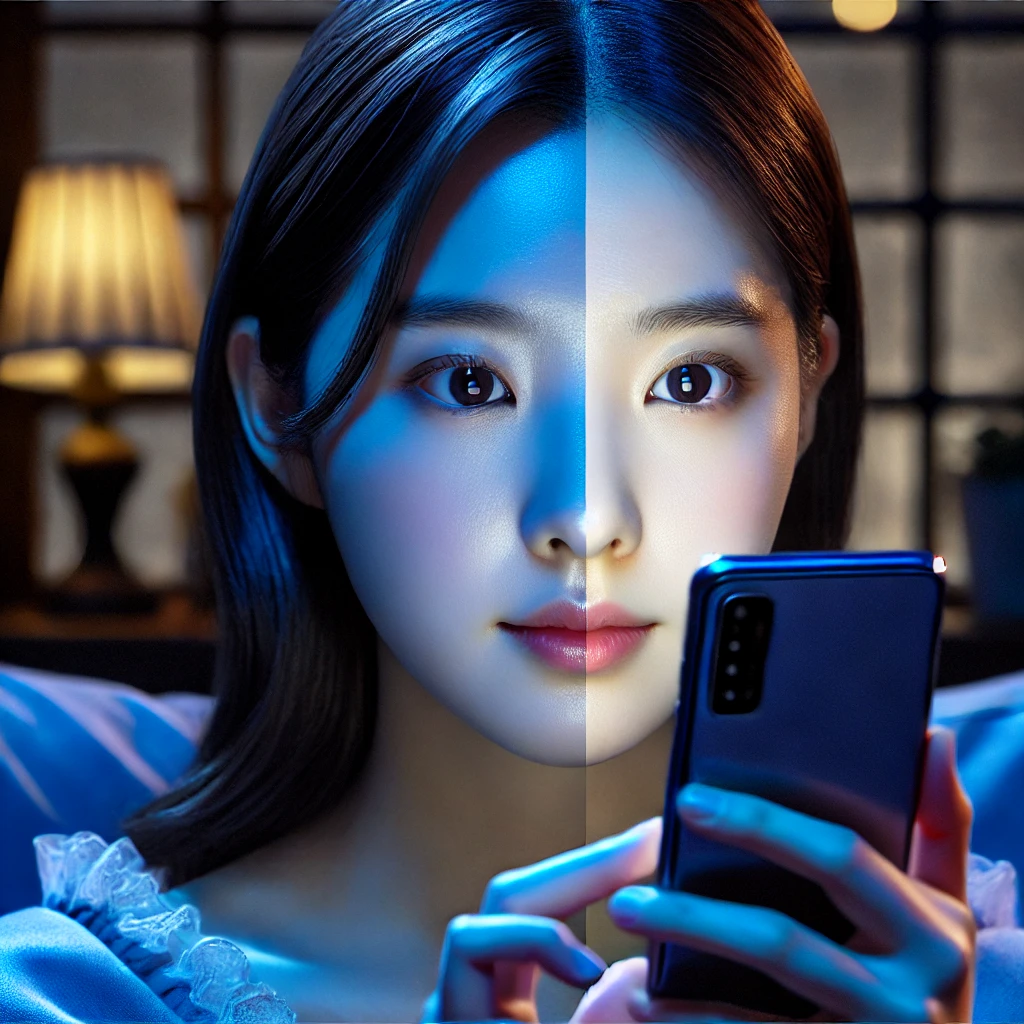 스마트폰을 사용하는 모습과 블루라이트가 피부에 미치는 영향을 표현한 이미지