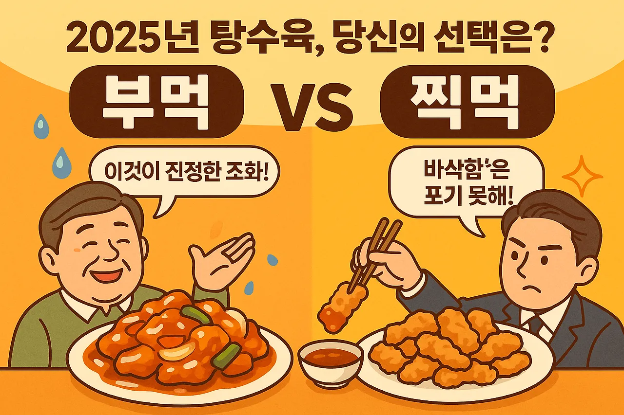 부먹 탕수육과 찍먹 탕수육을 각각 지지하는 캐릭터가 팽팽하게 대립하는 만화 이미지