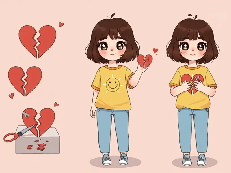 캐릭터가 부서진 하트 조각을 들고 있고, 점점 하트가 수리되어 가는 과정을 3단계로 표현