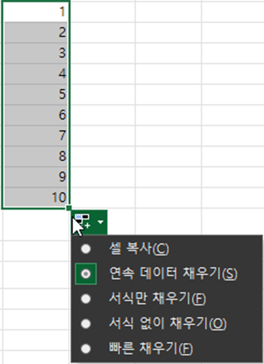 채우기 핸들러 설정 완료 예시