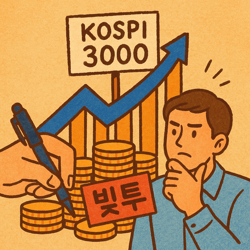 KOSPI 3000을 향하는 주식시장 상승 그래프와 ‘빚투’에 고민하는 투자자를 묘사한 손그림 스타일 일러스트