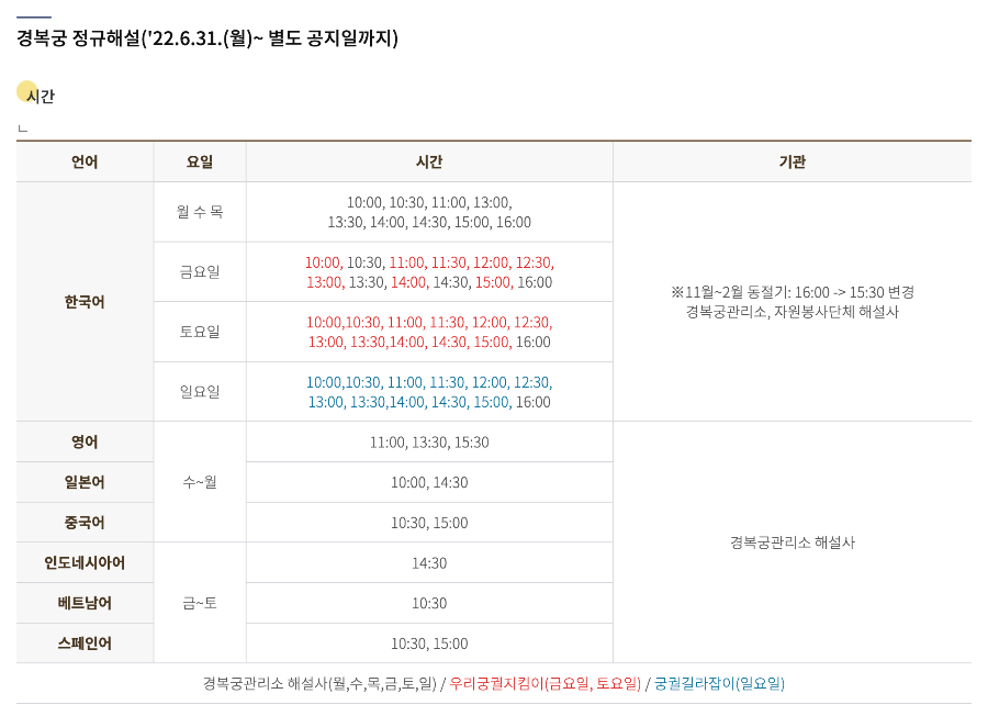 경복궁 한국어 정규 해설 시간 안내