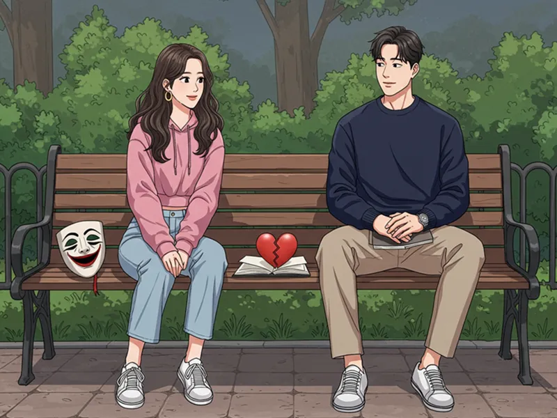 공원 벤치에서 소시오패스 연인의 특징을 설명하는 장면의 코믹북 일러스트&quot;