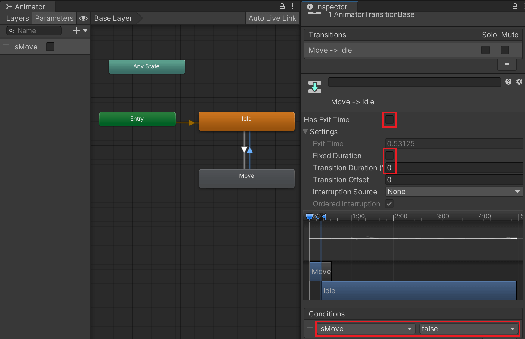 Transition 연결 Move > Idle