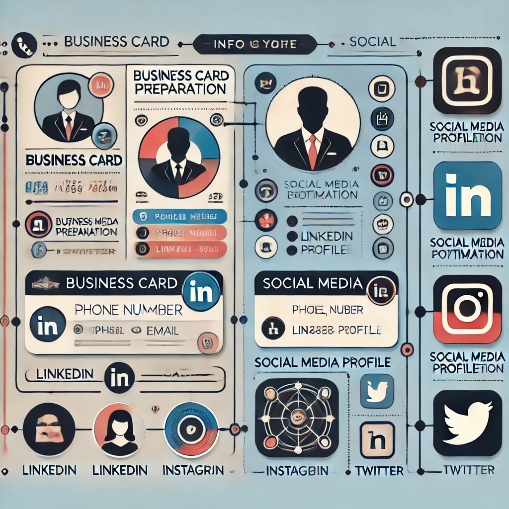 명함 준비: 연락처, 이메일, LinkedIn 포함
SNS 프로필 최적화: LinkedIn, 인스타그램, 트위터 활용