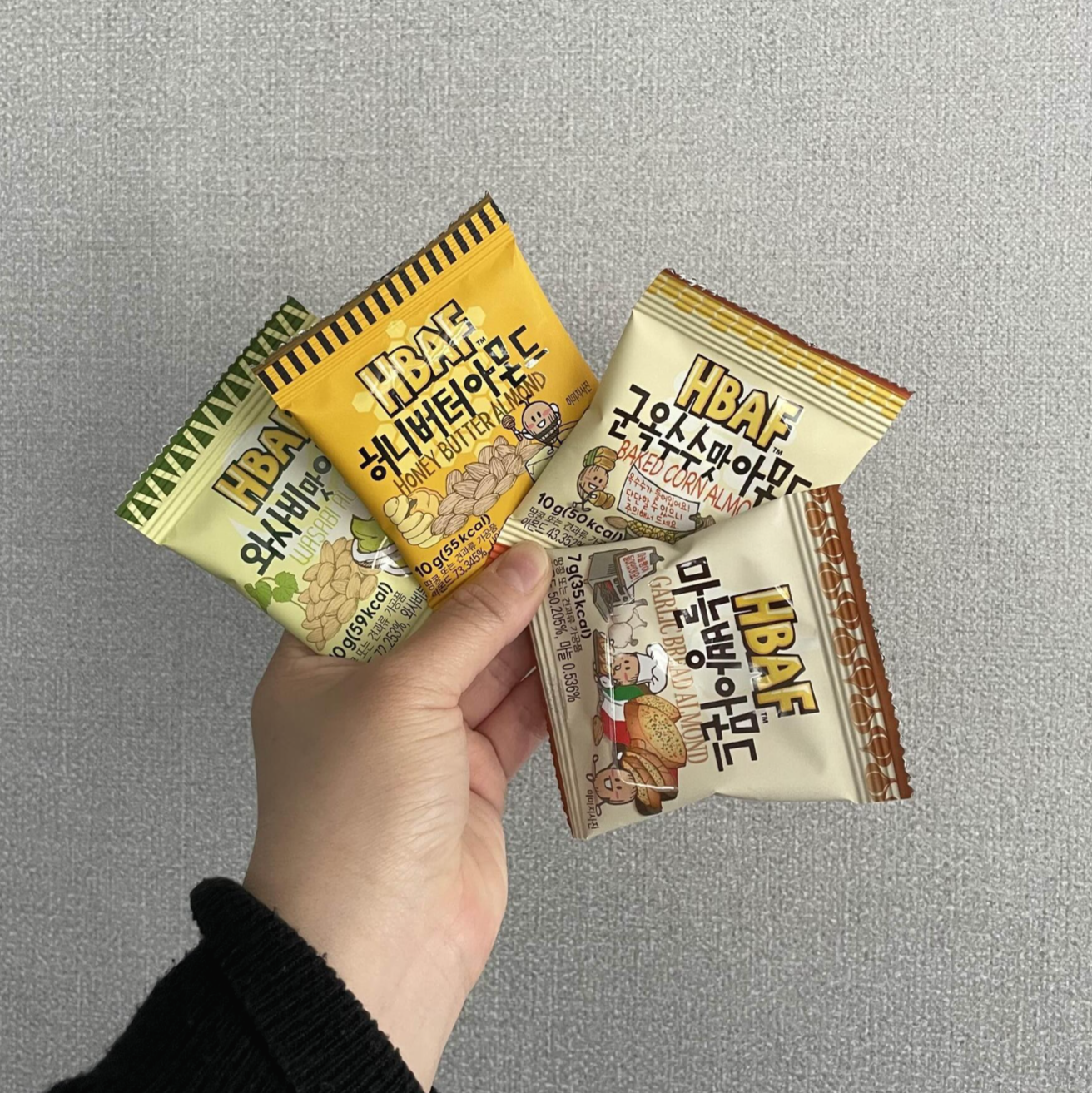 와사비맛, 허니버터, 군옥수수맛, 마늘빵 아몬드